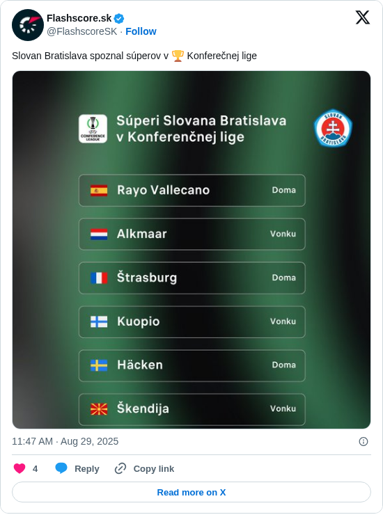 Flashscore.sk: Slovan Bratislava spoznal súperov v 🏆 Konferečnej lige https://t.co/wnzze56Tqe