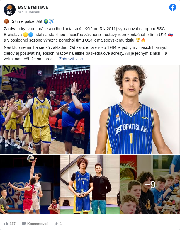 BSC Bratislava: 🏀 Držíme palce, Ali! 🌍✈️

 Za dva roky tvrdej práce a odhodlania sa Ali Kšiňan (RN 2011) vypracoval na oporu BSC Bratislava 🟡🔵, stal sa stabilnou súčasťou základnej zostavy reprezentačného tímu U14 🇸🇰 a v poslednej sezóne výrazne pomohol tímu U14 k majstrovskému titulu 🏆🔥

 Náš klub nemá iba širokú základňu. Od založenia v roku 1984 je jedným z našich hlavných cieľov aj posúvať najlepších hráčov na elitné basketbalové adresy. Ali je jedným z nich – a veľmi nás teší, že sa zaradil medzi hráčov, ktorí majú možnosť ďalej rásť v medzinárodnej konkurencii 💪

 V BSC sme hrdí, že práve u nás spravil prvé dôležité kroky, ktoré ho dostali na úroveň, aby mohol svoj talent rozvíjať v novom prostredí L'Alqueria del Basket del Valencia Basket Club <https://www.facebook.com/LAlqueriaVBC?fref=mentions&ref=embed_post> 🇪🇸

 Ali, sme radi, že si basketbalovo rástol práve u nás 👊 Nech už budeš pokračovať kdekoľvek, v BSC máš vždy dvere otvorené 🙌🏻 🏀

 ¡Vamos, Ali!

 #bscbasketball </hashtag/bscbasketball?__eep__=6&fref=mentions&ref=embed_post>
 Slovenská basketbalová asociácia <https://www.facebook.com/SlovakBasket?fref=mentions&ref=embed_post>
 Petržalka športuje <https://www.facebook.com/petrzalkasportuje?fref=mentions&ref=embed_post>
 Petržalka <https://www.facebook.com/bratislavapetrzalka?fref=mentions&ref=embed_post>

