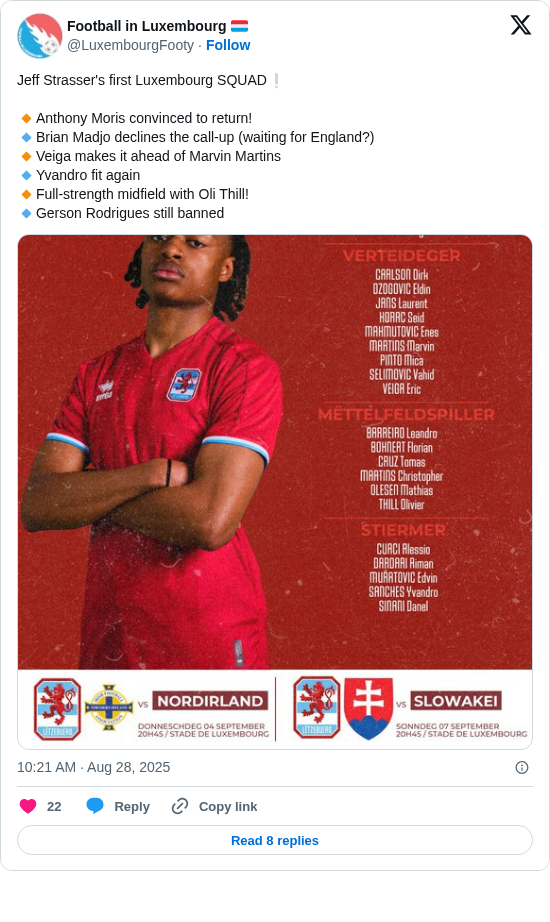 Football in Luxembourg 🇱🇺: Jeff Strasser's first Luxembourg SQUAD❕

🔸Anthony Moris convinced to return!
🔹Brian Madjo declines the call-up (waiting for England?)
🔸Veiga makes it ahead of Marvin Martins
🔹Yvandro fit again
🔸Full-strength midfield with Oli Thill!
🔹Gerson Rodrigues still banned https://t.co/DOsU9fWf9m