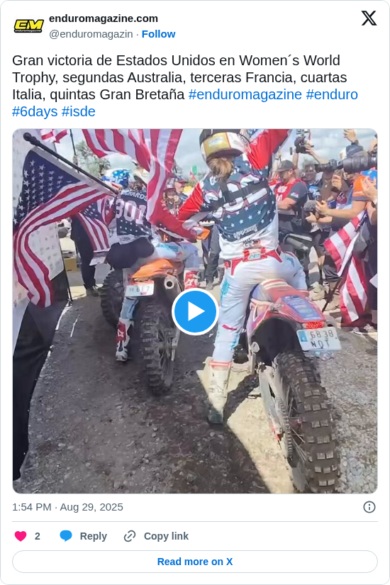 enduromagazine.com: Gran victoria de Estados Unidos en Women´s World Trophy, segundas Australia, terceras Francia, cuartas Italia, quintas Gran Bretaña #enduromagazine #enduro #6days #isde https://t.co/rCW694JJXI