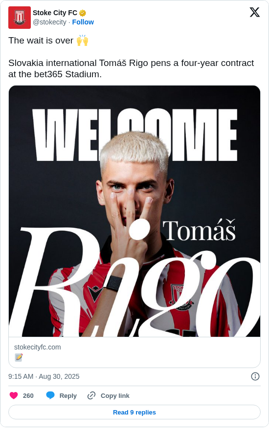 Stoke City FC: The wait is over 🙌

Slovakia international Tomáš Rigo pens a four-year contract at the bet365 Stadium.