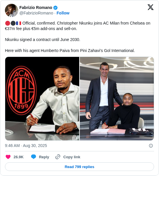 Fabrizio Romano: 🔴⚫️🇫🇷 Official, confirmed. Christopher Nkunku joins AC Milan from Chelsea on €37m fee plus €5m add-ons and sell-on.

Nkunku signed a contract until June 2030.

Here with his agent Humberto Paiva from Pini Zahavi’s Gol International. https://t.co/iT5jgM0oZL