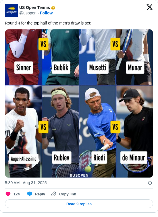 US Open Tennis: Round 4 for the top half of the men's draw is set: https://t.co/GaLhIQpOVR