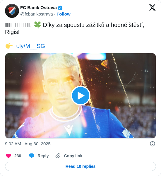 FC Baník Ostrava: 𝗟𝗮𝘀𝘁 𝗴𝗼𝗼𝗱𝗯𝘆𝗲. 🍀 Díky za spoustu zážitků a hodně štěstí, Rigis!

👉  https://t.co/tdHfs3M3p7 https://t.co/zajGeMzH4Z