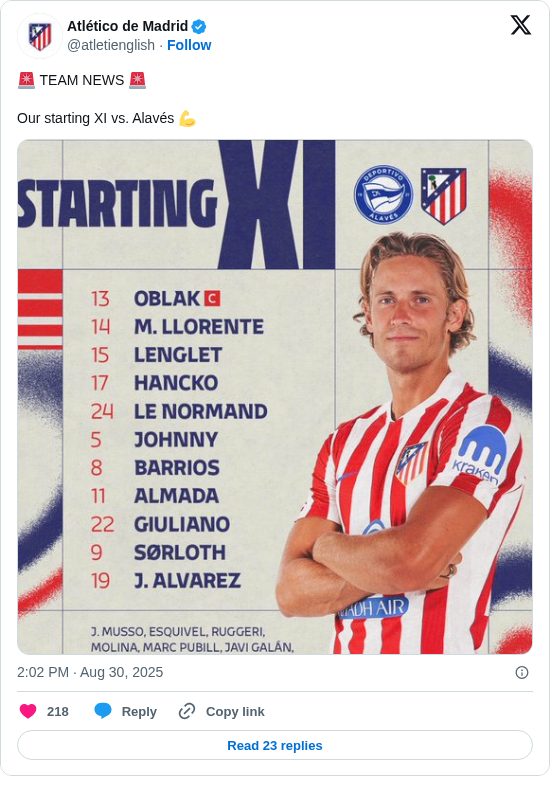 Atlético de Madrid: 🚨 TEAM NEWS 🚨

Our starting XI vs. Alavés 💪 https://t.co/aFYDFAefa3
