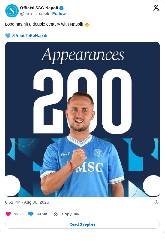 Official SSC Napoli: Lobo has hit a double century with Napoli! 🔥

💙 #ProudToBeNapoli https://t.co/e9u6LzS1TL