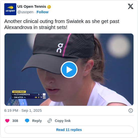 US Open Tennis: Another clinical outing from Swiatek as she get past Alexandrova in straight sets! https://t.co/fuOWwUuEvG