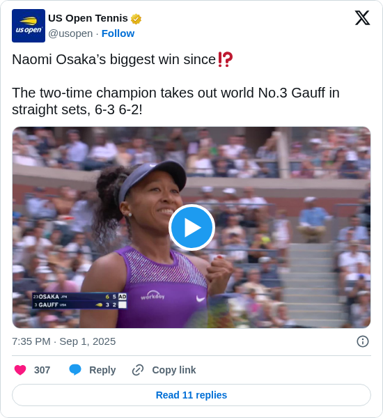 US Open Tennis: Naomi Osaka’s biggest win since⁉️

The two-time champion takes out world No.3 Gauff in straight sets, 6-3 6-2! https://t.co/UoOOeywLD5