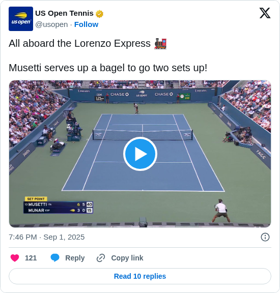 US Open Tennis: All aboard the Lorenzo Express 🚂 

Musetti serves up a bagel to go two sets up! https://t.co/DvJdU6vZwa