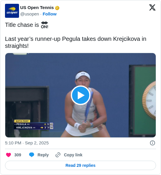 US Open Tennis: Title chase is 🔛

Last year’s runner-up Pegula takes down Krejcikova in straights! https://t.co/OZMdKqsyL7