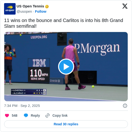 US Open Tennis: 11 wins on the bounce and Carlitos is into his 8th Grand Slam semifinal! https://t.co/2V7kVcsayj