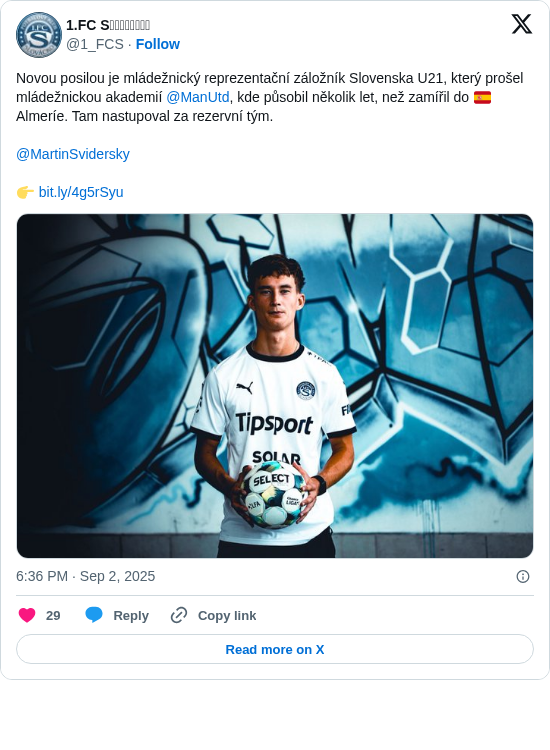 1.FC Sʟᴏᴠᴀ́ᴄᴋᴏ: Novou posilou je mládežnický reprezentační záložník Slovenska U21, který prošel mládežnickou akademií @ManUtd, kde působil několik let, než zamířil do 🇪🇸 Almeríe. Tam nastupoval za rezervní tým. 

@MartinSvidersky

👉 https://t.co/NthKjbkv7g https://t.co/AW2D9xX6pk
