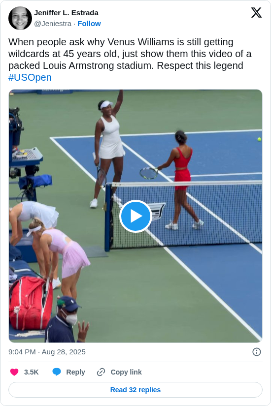 Jeniffer L. Estrada: When people ask why Venus Williams is still getting wildcards at 45 years old, just show them this video of a packed Louis Armstrong stadium. Respect this legend #USOpen 
https://t.co/PU5zsTfZvb