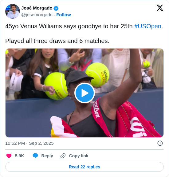 José Morgado: 45yo Venus Williams says goodbye to her 25th #USOpen.

Played all three draws and 6 matches.  https://t.co/H2W8xNOabd