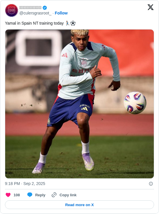 𝗖𝘂𝗹𝗲𝗿𝘀𝗴𝗿𝗮𝘀𝘀𝗿𝗼𝗼𝘁: Yamal in Spain NT training today 🏃🏾‍♂️⚽ https://t.co/PIOOzQJxz8