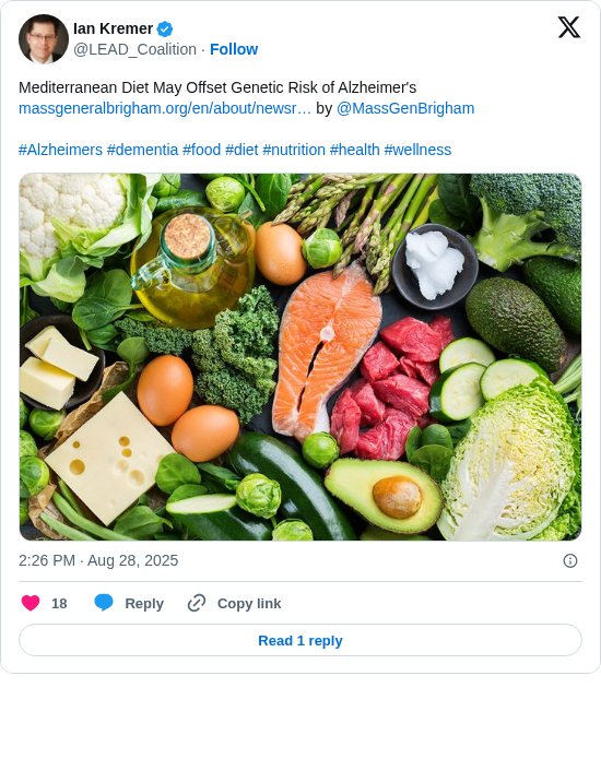 Ian Kremer: Mediterranean Diet May Offset Genetic Risk of Alzheimer's https://t.co/XytaEGoYkD by @MassGenBrigham 

#Alzheimers #dementia #food #diet #nutrition #health #wellness https://t.co/AWlqYhZuZg