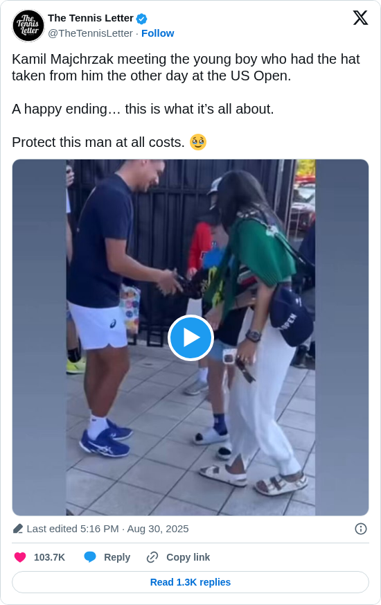 The Tennis Letter: Kamil Majchrzak meeting the young boy who had the hat taken from him the other day at the US Open. 

A happy ending… this is what it’s all about. 

Protect this man at all costs. 🥹 https://t.co/EAaJVltyM6