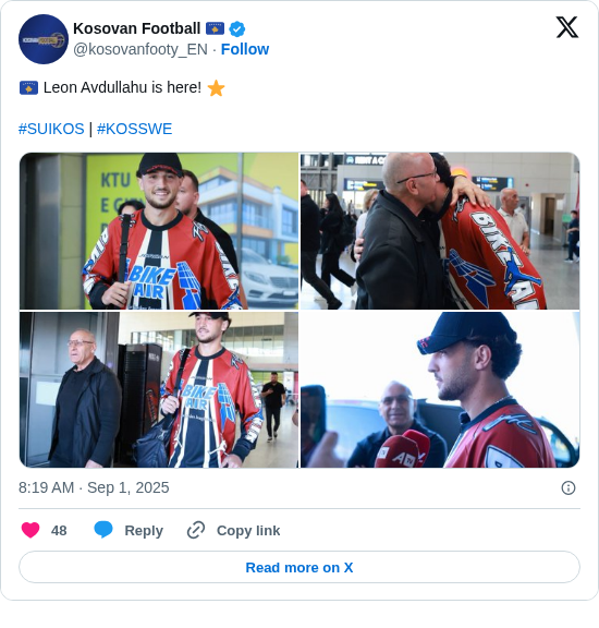Kosovan Football 🇽🇰: 🇽🇰 Leon Avdullahu is here! ⭐️

#SUIKOS | #KOSSWE https://t.co/RgC9x3CUSe