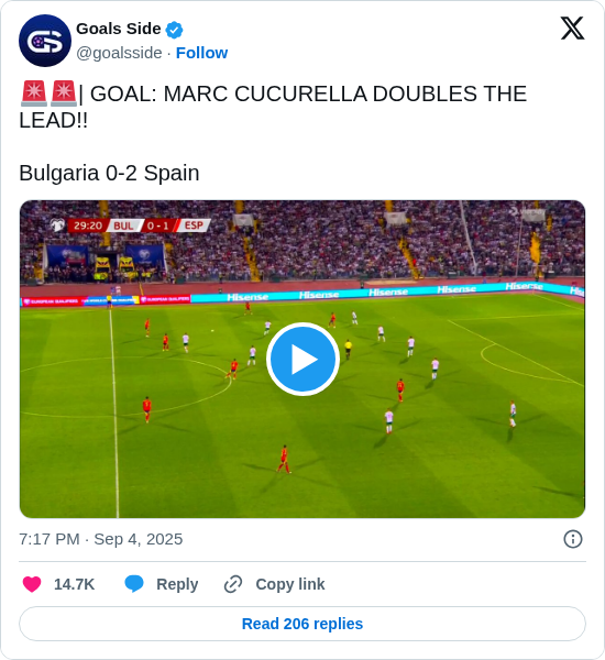 Goals Side: 🚨🚨| GOAL: MARC CUCURELLA DOUBLES THE LEAD!!

Bulgaria 0-2 Spain
https://t.co/f6JhS40qSJ