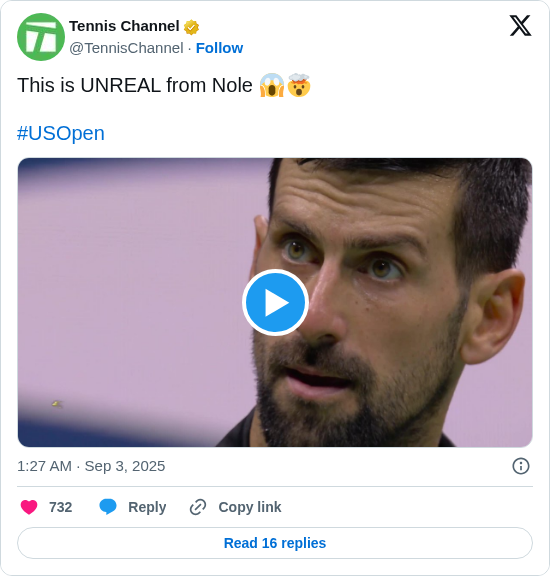 Tennis Channel: This is UNREAL from Nole 😱🤯

#USOpen
https://t.co/bY0jaqaggS