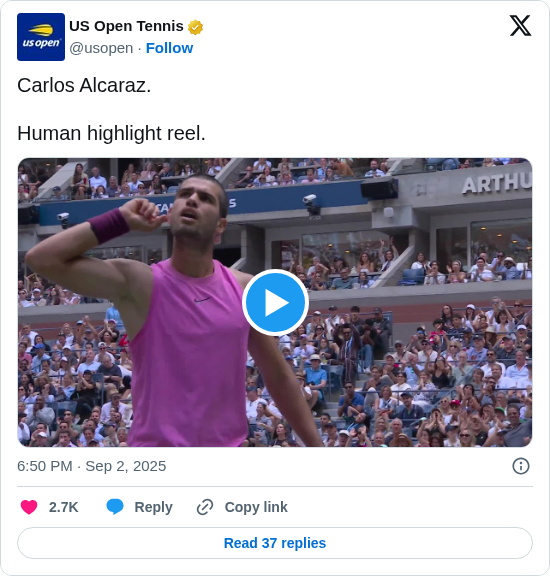 US Open Tennis: Carlos Alcaraz.

Human highlight reel. https://t.co/80dNBXXqCX