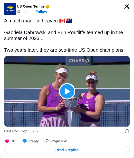 US Open Tennis: A match made in heaven 🇨🇦🇳🇿

Gabriela Dabrowski and Erin Routliffe teamed up in the summer of 2023...

Two years later, they are two-time US Open champions! https://t.co/bZ0h13gMpr