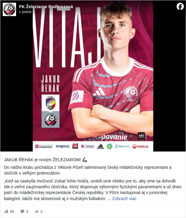 FK Železiarne Podbrezová: JAKUB ŘEHÁK je novým ŽELEZIAROM! 🦾 

 Do nášho klubu prichádza z Viktorie Plzeň talentovaný český mládežnícky reprezentant a útočník s veľkým potenciálom.

 „Keď sa naskytla možnosť získať tohto hráča, urobili sme všetko pre to, aby sme sa dohodli. Ide o veľmi zaujímavého útočníka, ktorý disponuje výbornými fyzickými parametrami a už dnes patrí do mládežníckej reprezentácie Českej republiky. V Plzni nastupoval aj v juniorskej kategórii, takže má skúsenosti aj s mužským futbalom. Teší ma, že sme s ním podpísali trojročný kontrakt a prajem mu predovšetkým veľa zdravia a úspechov v našom drese,“ povedal generálny manažér Miroslav Poliaček.

 VITAJ v Podbrezovej, Jakub! 🦾

