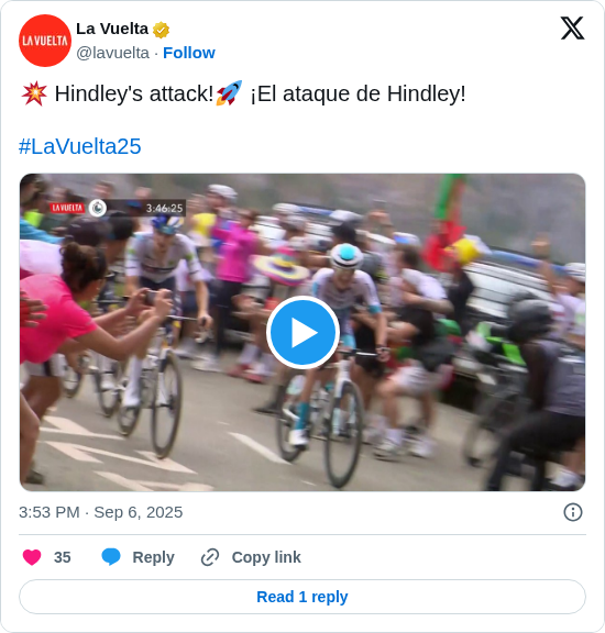 La Vuelta: 💥 Hindley's attack!🚀 ¡El ataque de Hindley!

#LaVuelta25 https://t.co/0FajS9qugK