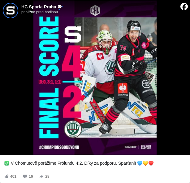 HC Sparta Praha: ✅ V Chomutově porážíme Frölundu 4:2. Díky za podporu, Sparťani! 💙💛❤️

