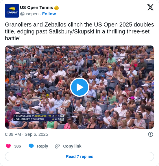 US Open Tennis: Granollers and Zeballos clinch the US Open 2025 doubles title, edging past Salisbury/Skupski in a thrilling three-set battle! https://t.co/qzkqk4iCO5