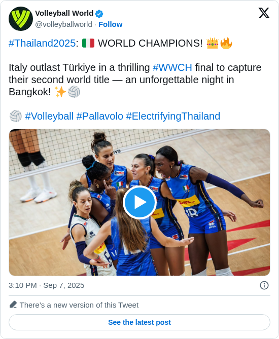 Volleyball World: #Thailand2025: 🇮🇹 WORLD CHAMPIONS! 👑🔥

Italy outlast Türkiye in a thrilling #WWCH final to capture their second world title — an unforgettable night in Bangkok! ✨🏐

🏐 #Volleyball #Pallavolo #ElectrifyingThailand https://t.co/fsu92Qi6hk