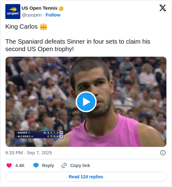US Open Tennis: King Carlos 👑

The Spaniard defeats Sinner in four sets to claim his second US Open trophy! https://t.co/C2jBm7F178