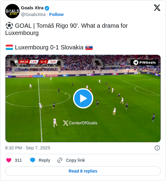 Goals Xtra: ⚽️ GOAL | Tomáš Rigo 90'. What a drama for Luxembourg

🇱🇺 Luxembourg 0-1 Slovakia 🇸🇰

https://t.co/qr5gqxShDC