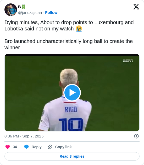 B🔋: Dying minutes, About to drop points to Luxembourg and Lobotka said not on my watch 😭 

Bro launched uncharacteristically long ball to create the winner https://t.co/QvLJXNi51w