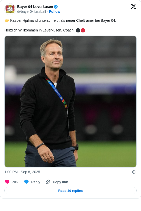 Bayer 04 Leverkusen: 🤝 Kasper Hjulmand unterschreibt als neuer Cheftrainer bei Bayer 04. 

Herzlich Willkommen in Leverkusen, Coach! ⚫️🔴 https://t.co/wBHMnIsQ34