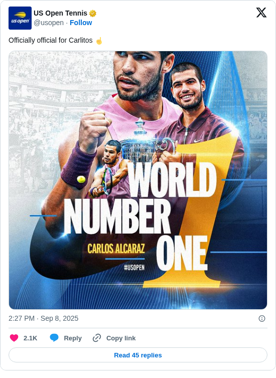 US Open Tennis: Officially official for Carlitos ☝️ https://t.co/D9mLnMptl2