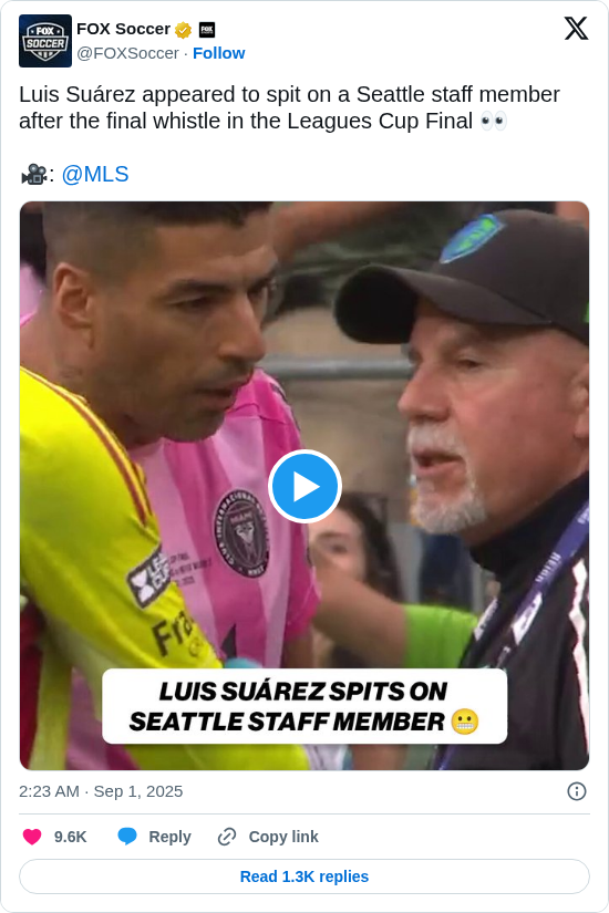 FOX Soccer: Luis Suárez appeared to spit on a Seattle staff member after the final whistle in the Leagues Cup Final 👀

🎥: @MLS https://t.co/gCMLdbwDlC