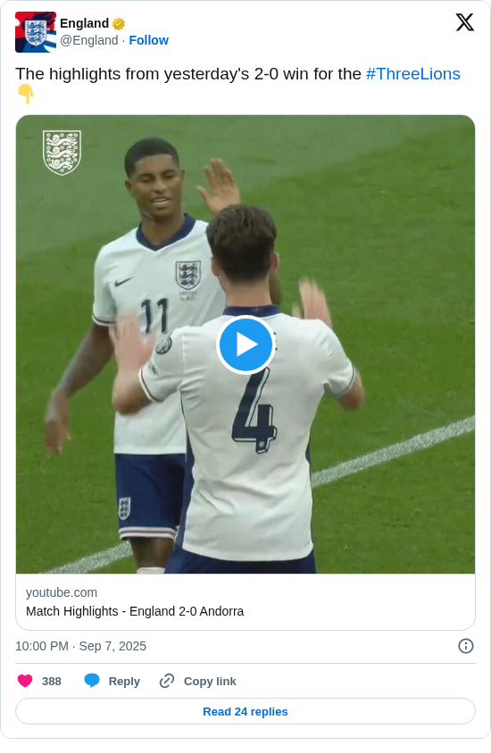 England: The highlights from yesterday's 2-0 win for the #ThreeLions 👇