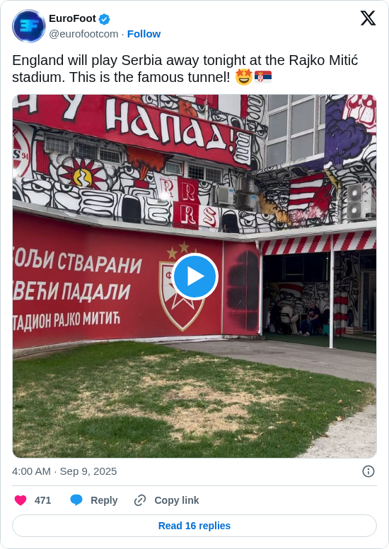 EuroFoot: England will play Serbia away tonight at the Rajko Mitić stadium. This is the famous tunnel! 🤩🇷🇸 https://t.co/vFDZDsSXtb