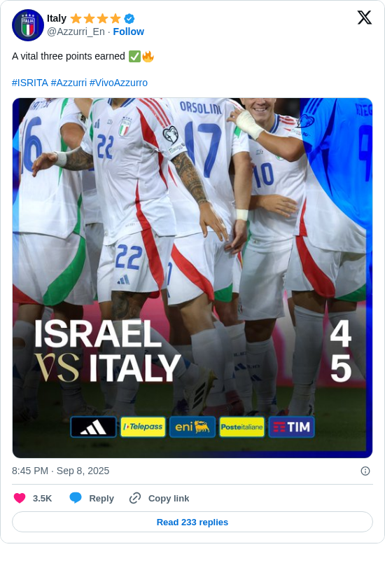 Italy ⭐️⭐️⭐️⭐️: A vital three points earned ✅🔥

#ISRITA #Azzurri #VivoAzzurro https://t.co/9UXX6vJ7Qb