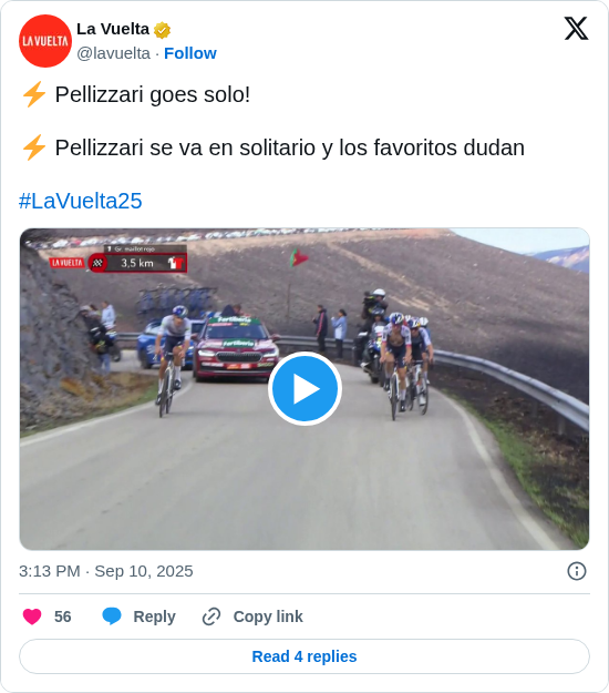 La Vuelta: ⚡️ Pellizzari goes solo!

⚡️ Pellizzari se va en solitario y los favoritos dudan

#LaVuelta25 https://t.co/y96PC2Igfg