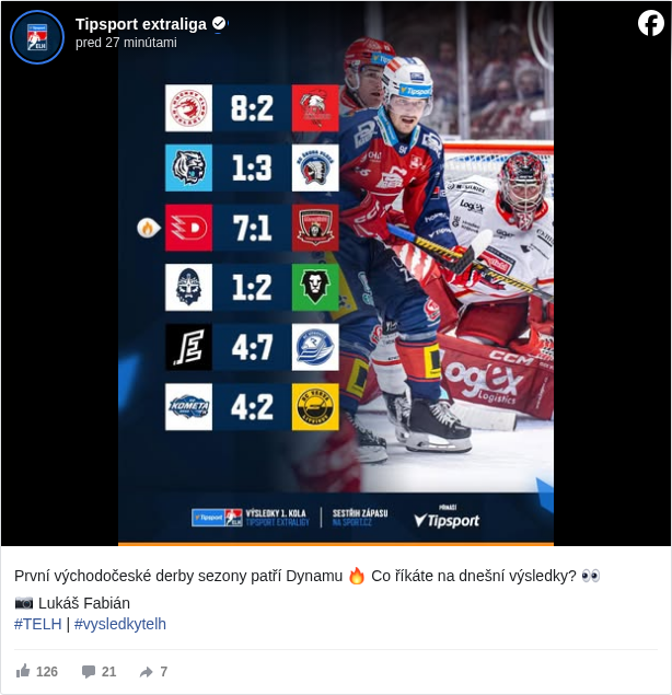 Tipsport extraliga: První východočeské derby sezony patří Dynamu 🔥 Co říkáte na dnešní výsledky? 👀

 📷 Lukáš Fabián
 #TELH </hashtag/telh?__eep__=6&fref=mentions&ref=embed_post> | #vysledkytelh </hashtag/vysledkytelh?__eep__=6&fref=mentions&ref=embed_post>

