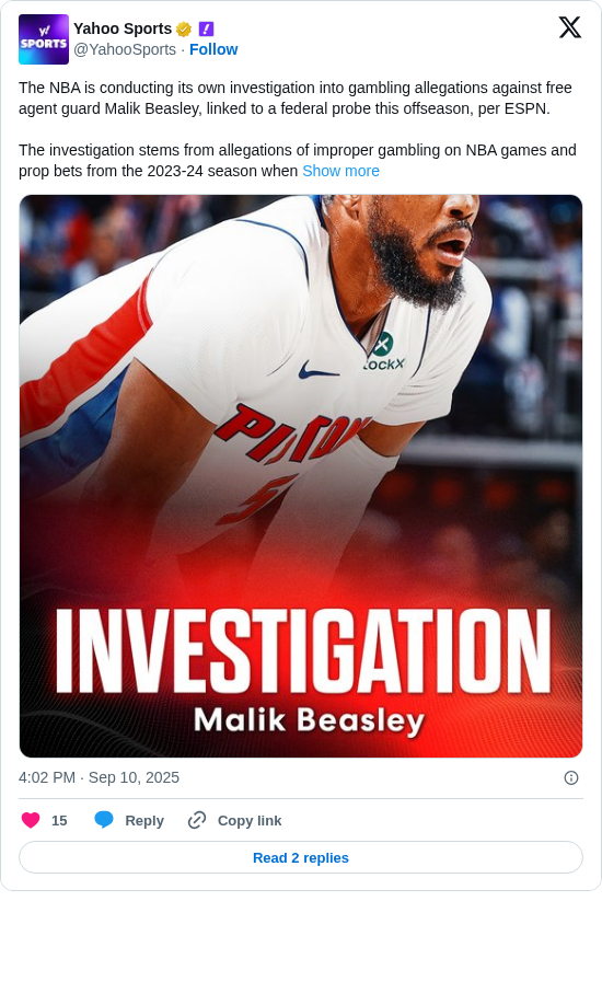 Yahoo Sports: The NBA is conducting its own investigation into gambling allegations against free agent guard Malik Beasley, linked to a federal probe this offseason, per ESPN.

The investigation stems from allegations of improper gambling on NBA games and prop bets from the 2023-24 season when https://t.co/EdiOe66swt