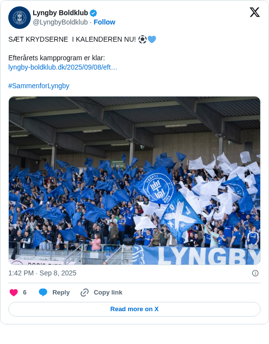 Lyngby Boldklub: SÆT KRYDSERNE  I KALENDEREN NU! ⚽️💙

Efterårets kampprogram er klar:
https://t.co/B6YClwG2H6

#SammenforLyngby https://t.co/SQB6MkbcFw
