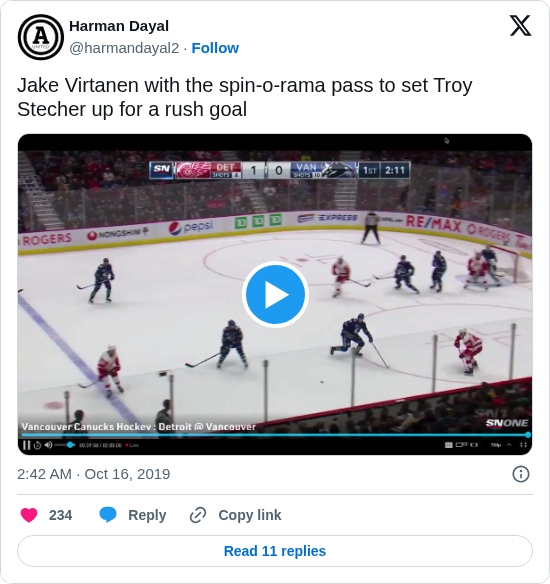 Harman Dayal: Jake Virtanen with the spin-o-rama pass to set Troy Stecher up for a rush goal https://t.co/0GOXz32VOc