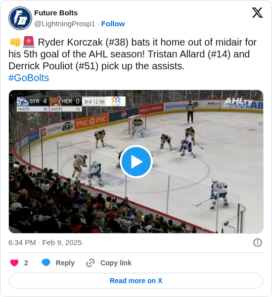Future Bolts: 👊🚨 Ryder Korczak (#38) bats it home out of midair for his 5th goal of the AHL season! Tristan Allard (#14) and Derrick Pouliot (#51) pick up the assists.
#GoBolts
 https://t.co/3vqj0PA55M