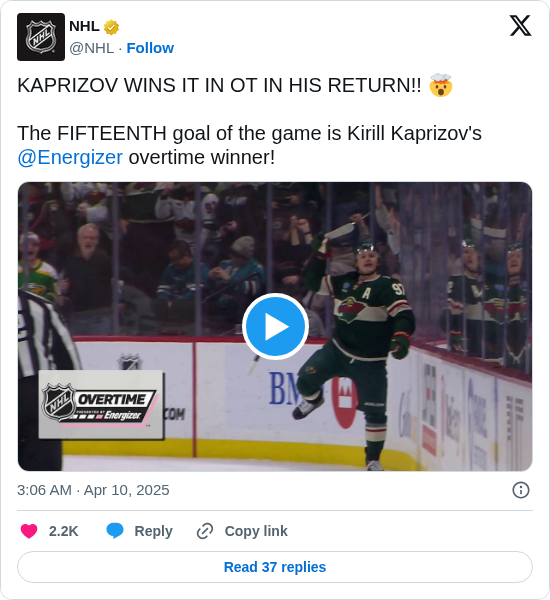 NHL: KAPRIZOV WINS IT IN OT IN HIS RETURN!! 🤯 

The FIFTEENTH goal of the game is Kirill Kaprizov's @Energizer overtime winner! https://t.co/drDqddz0qq