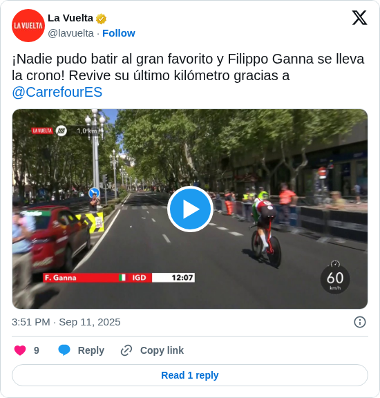 La Vuelta: ¡Nadie pudo batir al gran favorito y Filippo Ganna se lleva la crono! Revive su último kilómetro gracias a @CarrefourES https://t.co/2RMMcGww86