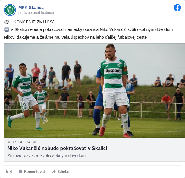 MFK Skalica: ⚽ UKONČENIE ZMLUVY

 ➡ V Skalici nebude pokračovať nemecký obranca Niko Vukančič kvôli osobným dôvodom

 Nikovi ďakujeme a želáme mu veľa úspechov na jeho ďalšej futbalovej ceste


