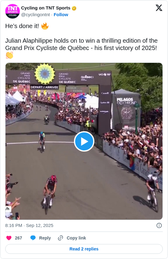 Cycling on TNT Sports: He’s done it! 🔥 

Julian Alaphilippe holds on to win a thrilling edition of the Grand Prix Cycliste de Québec - his first victory of 2025! 👏 https://t.co/Y45FW3Psif